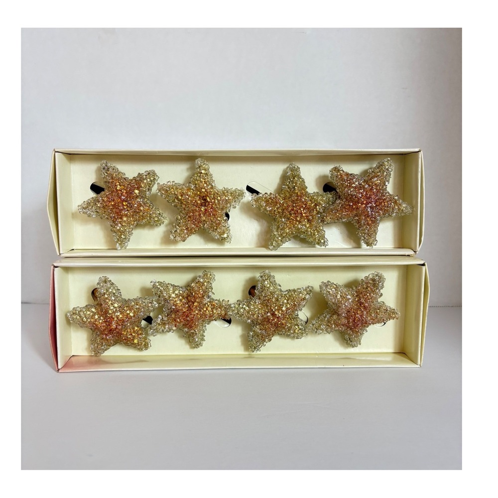 Pier One Starfish Napkin Rings Set of 8 Gold Amber Beaded Coastal Decor